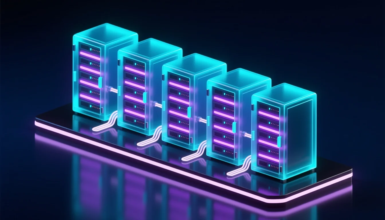 Isometric illustration of a row of glowing server racks, representing the Cheyenne data center