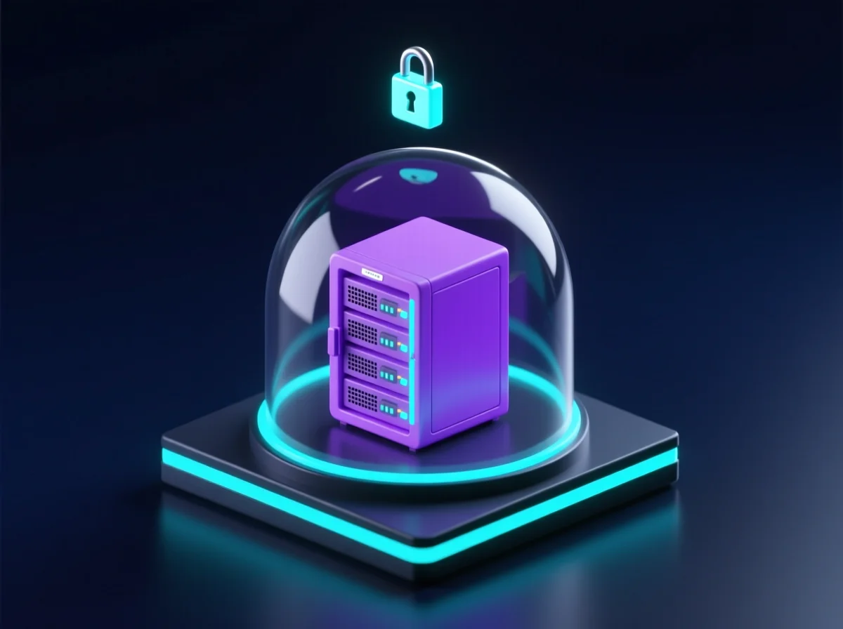 Isometric illustration of a single server rack enclosed in a glowing protective glass dome with a lock icon above it, representing dedicated and isolated infrastructure