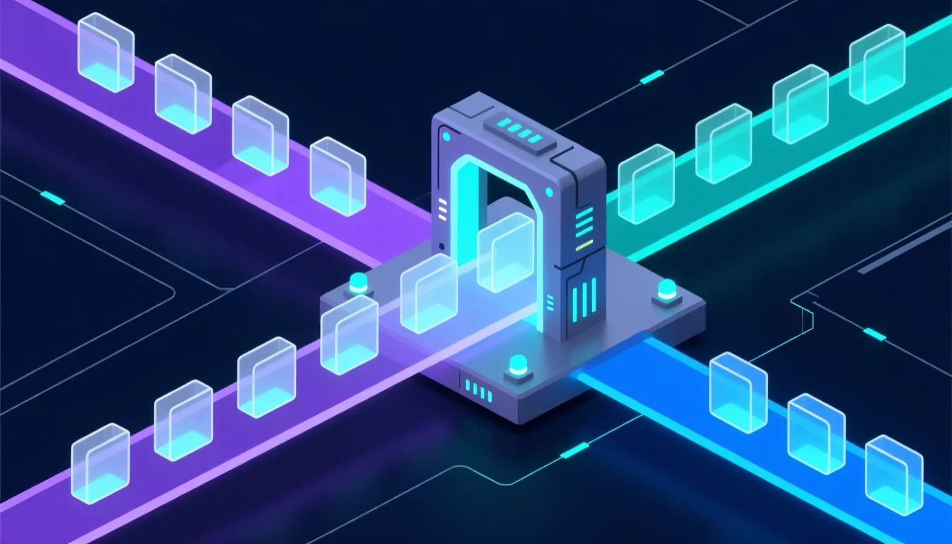 Isometric illustration of network traffic being scanned and sorted by a DPI gateway