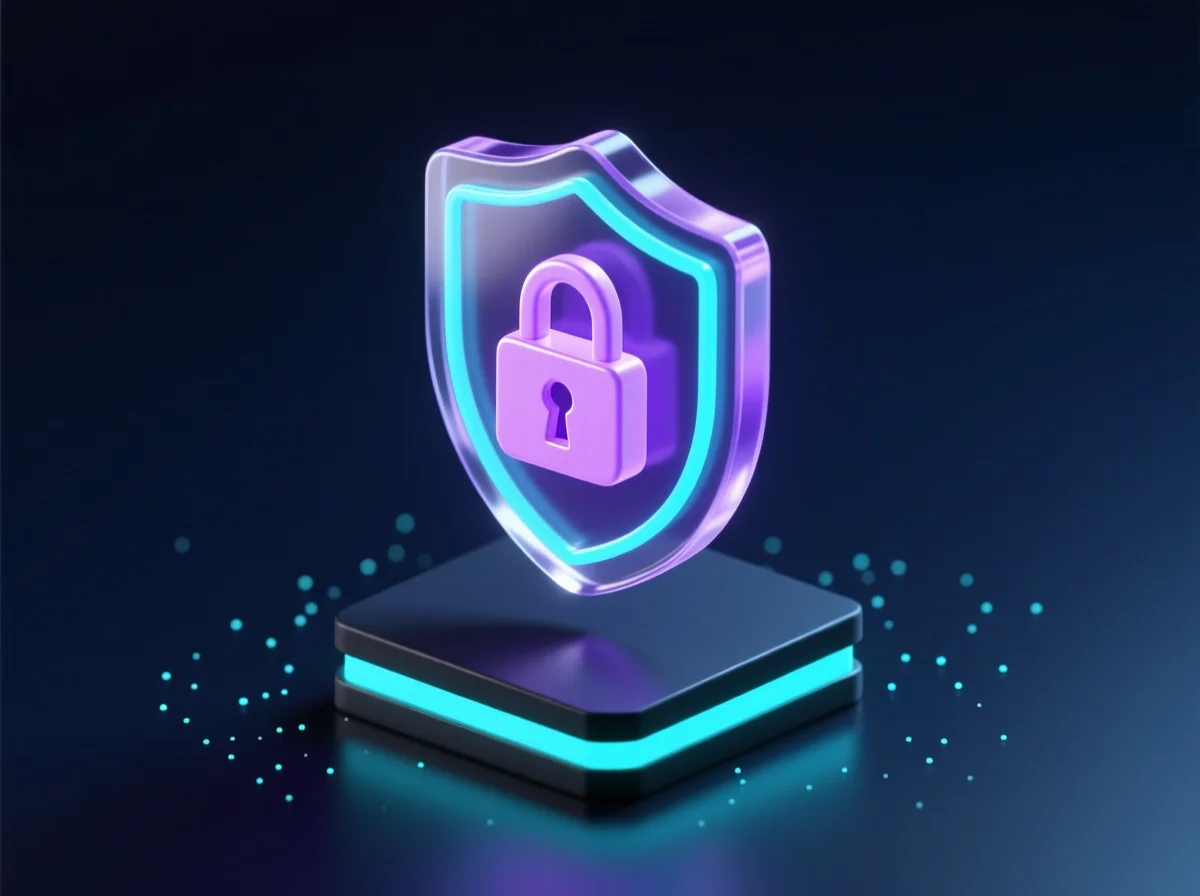 Isometric illustration of a glowing translucent shield with a lock, representing Noosphere's privacy and data-sovereignty guardrails