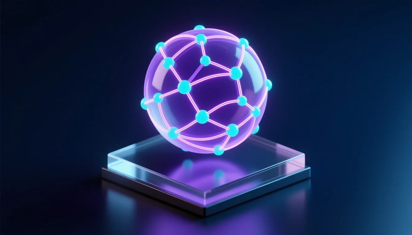 Isometric illustration of a glowing neural-network sphere floating above a platform, representing the Noosphere AI layer