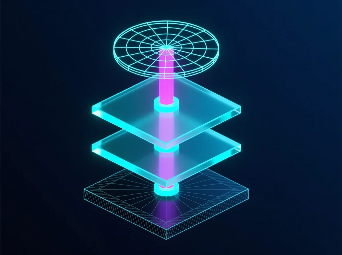 Exploded isometric diagram of four stacked layers connected by a central light beam, representing the Customer Twin, Subscriber Agent, Policy and Ethics Engine, and Operator Agent