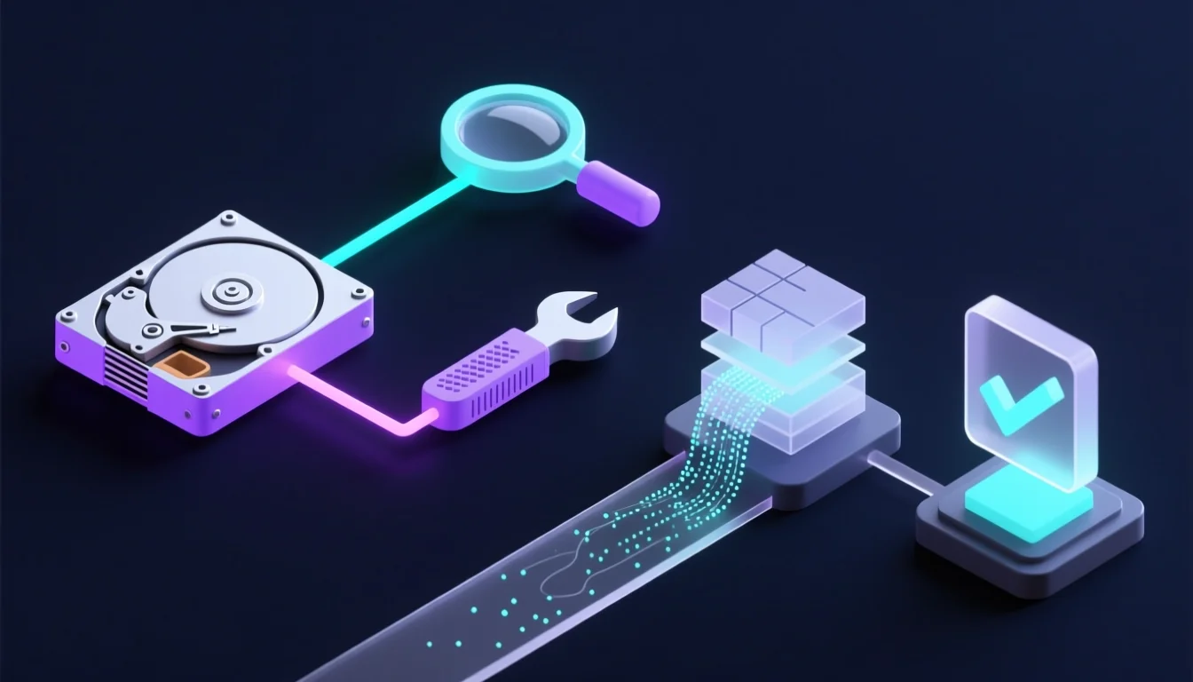 Diagram of the data recovery process: diagnosis, repair, extraction, verification