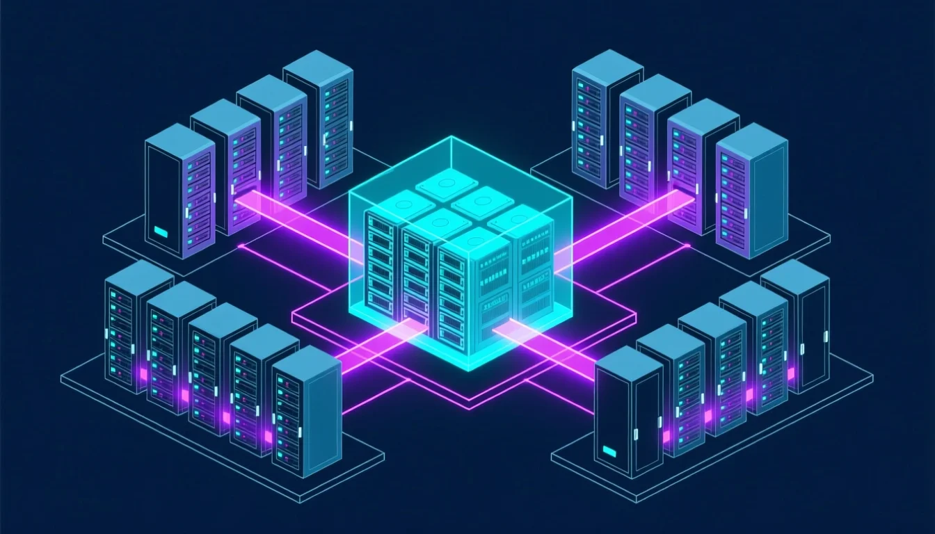 Diagram of redundant enterprise storage architecture connecting server racks to a central storage array
