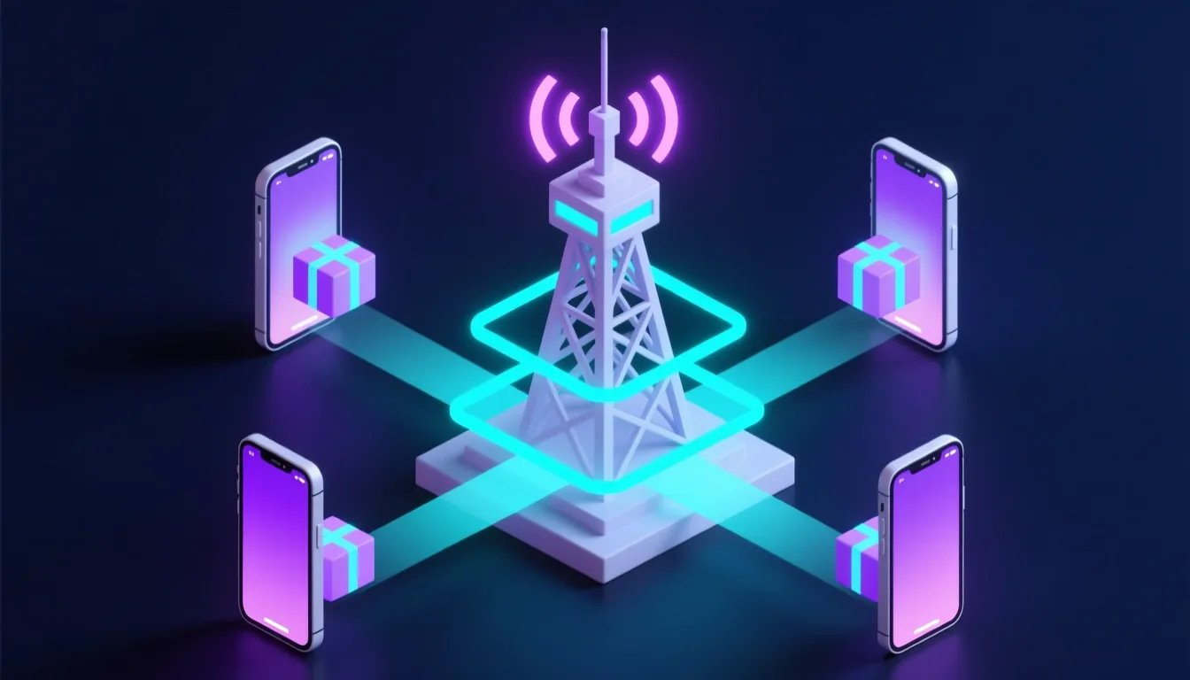 Isometric illustration of a cell tower distributing sponsored data packages to phones