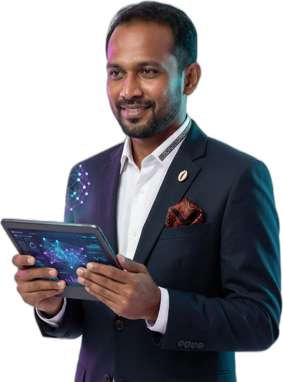 A Maldivian business leader in a navy suit with a lacquer-pattern pocket square and a cowrie-shell pin, holding a glass tablet with a glowing AI neural network