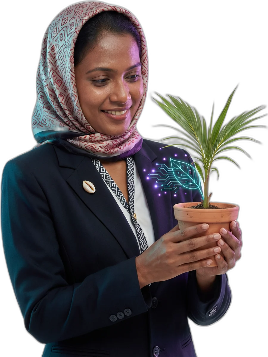 A Maldivian engineer in a navy blazer and patterned scarf holding a glass tablet with a solar dashboard and a neural network hologram